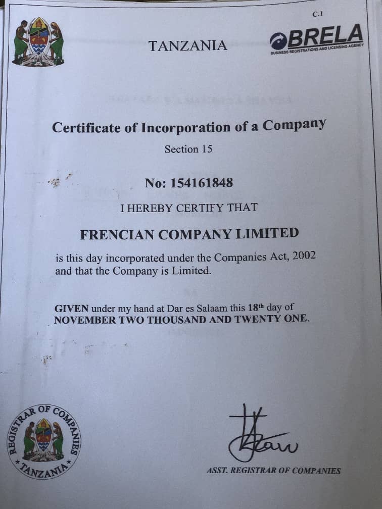 BRELA Certificate of Incorporation